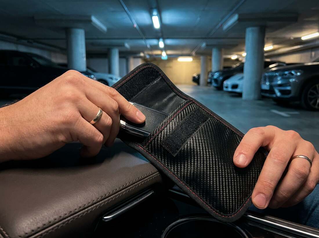 Hands sliding a key fob into a carbon-fibre signal-blocking Faraday pouch