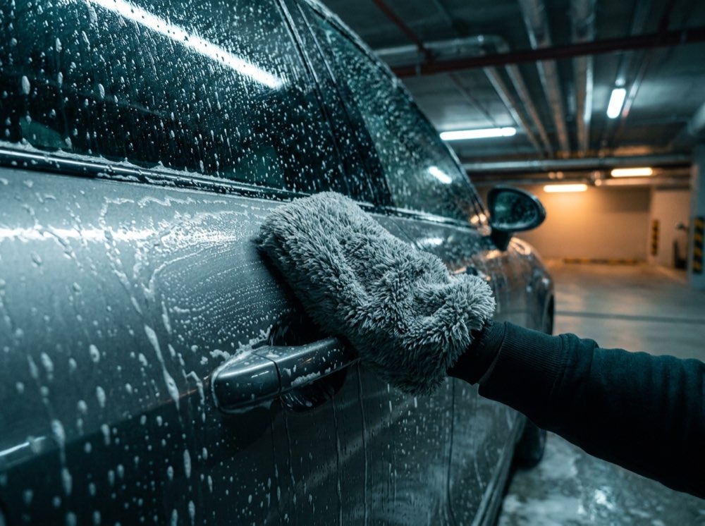 A plush microfibre mitt drawn across a foamed door panel by hand