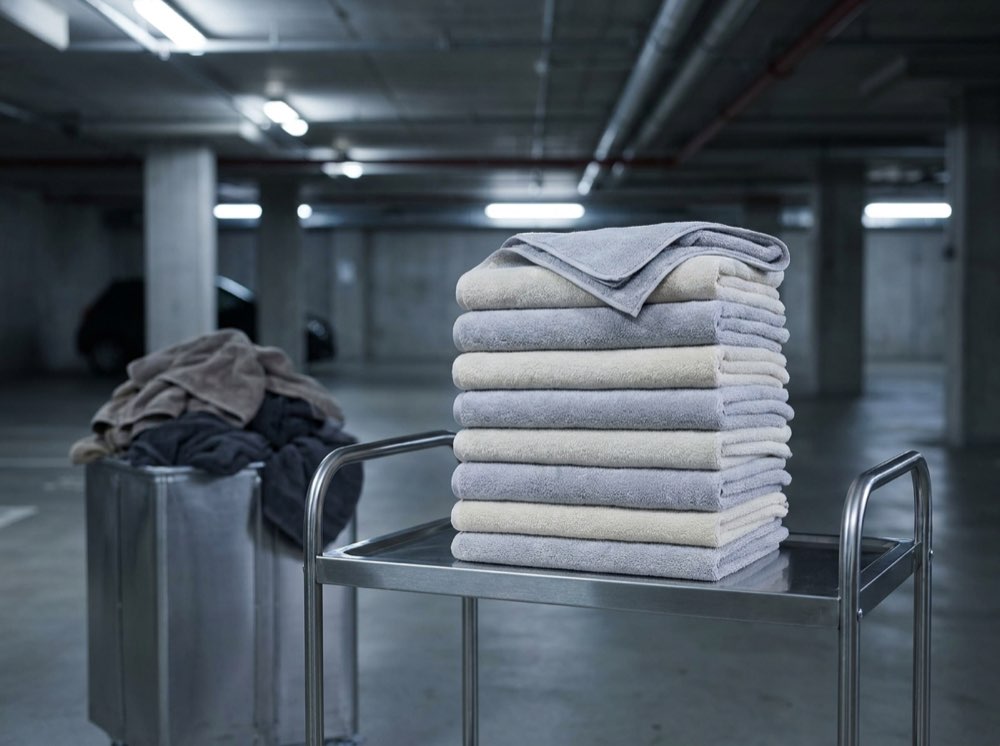 A tall stack of fresh microfibre towels on a cart, with a bin of used towels beside it