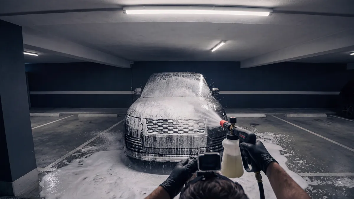 A vehicle covered in wash foam in a residential garage
