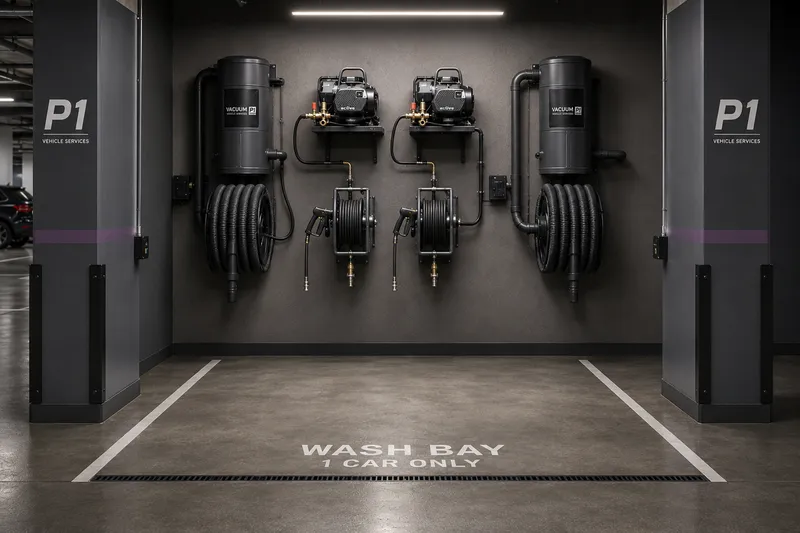 A P1 built-in wash bay installed in a residential garage